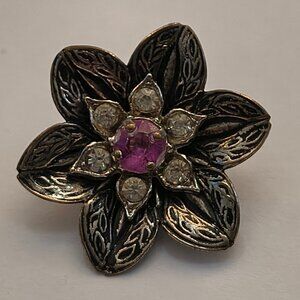 Vintage Silver & Black Flower With Purple Center Surrounded Crystal Rhinestone